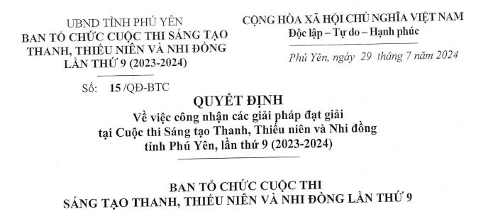 QUYẾT ĐỊNH CÔNG NHẬN CÁC GIẢI PHÁP ĐẠT GIẢI CUỘC THI STTTN&NĐ LẦN THỨ 9(2023-2024)